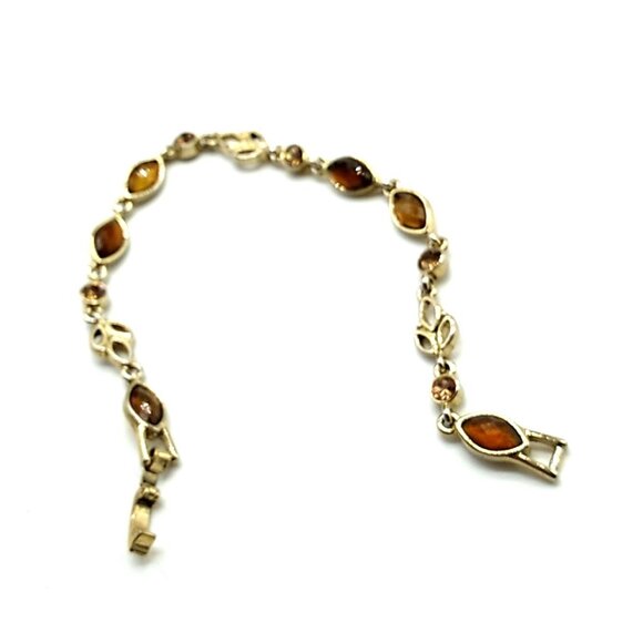 VTG Citrine & Amber Colored Faceted Rhinestone Gold-tone Leaves Link Bracelet - Picture 7 of 13